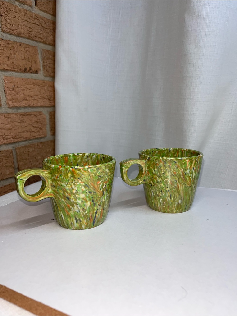 Vintage Prolon Ware #9904 Confetti Melmac Mugs Green Speckled MCM Set of 2